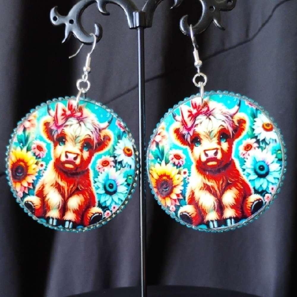 Highland Cow Earrings with Colorful Floral Design